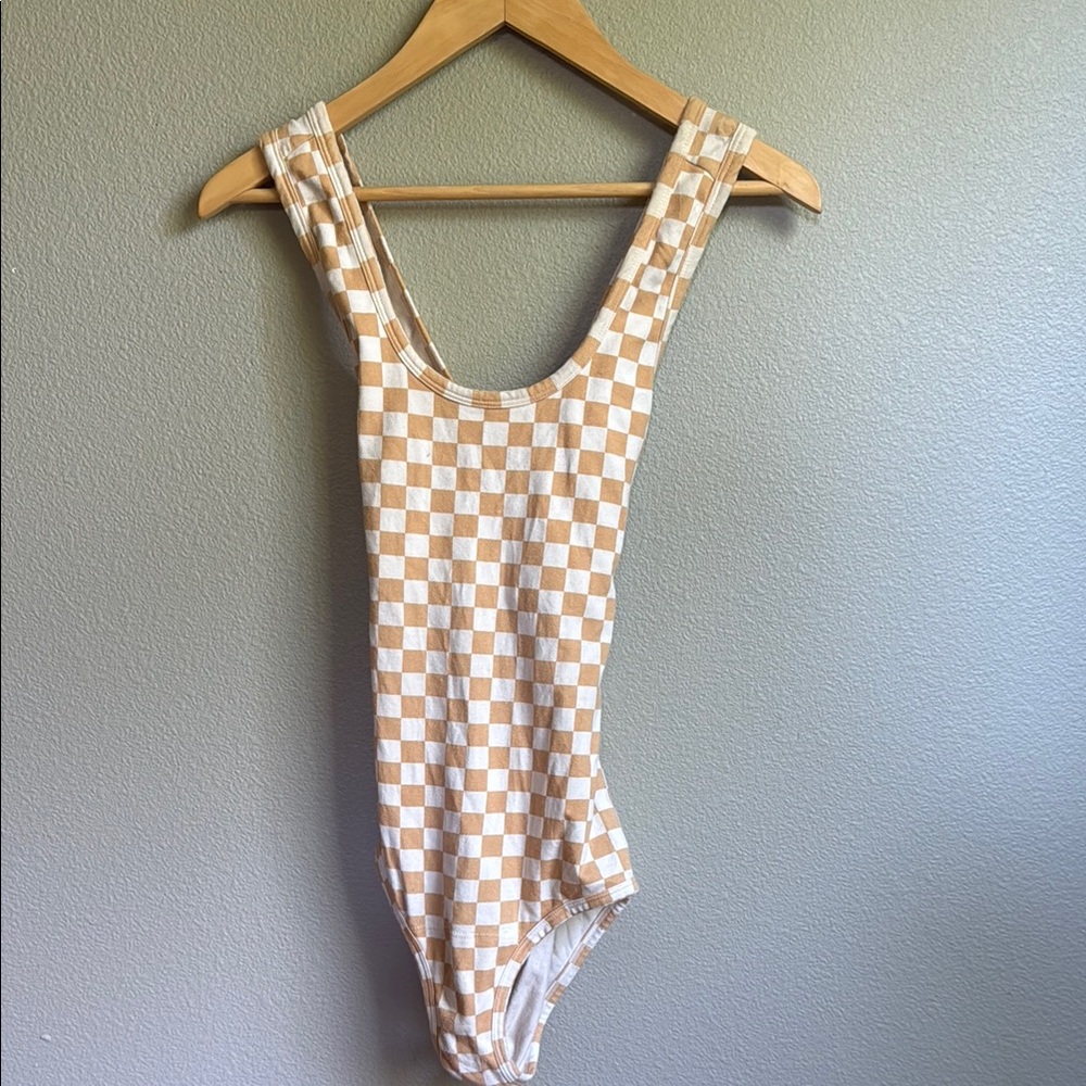 ARQ 100% organic cotton Checkered Tan and White Bodysuit